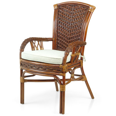 Set Of 2 Delberta Dining Armchairs Natural Rattan Wicker Handmade Design With Cushion, Dark Walnut Color