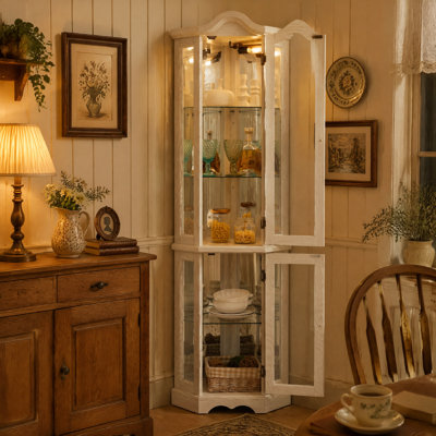 Vitrine de coin lumineuse, vitrine de style couronne avec portes et tablettes en verre trempé, ampoule incluse, décor de rangement en coin pour le salon et la chambre à coucher, finition blanche