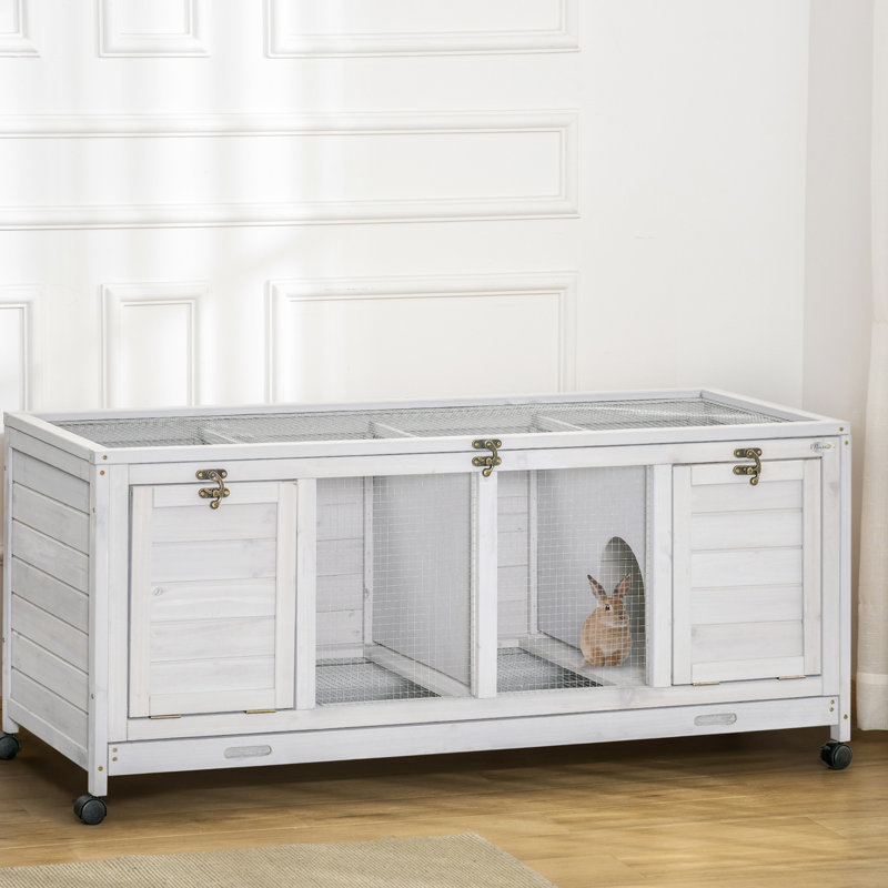 Cage pour petits animaux avec roulettes et toit ouvrable, conception mobile de portes en lapin gris en bois
