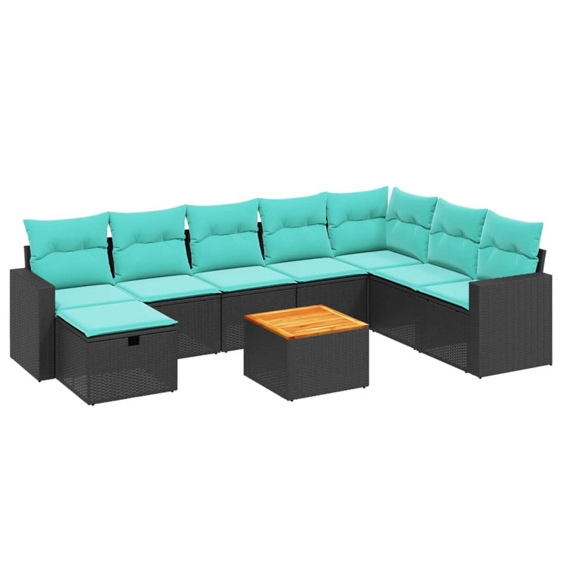 Ensemble de canapé de patio 9 pièces avec coussins en rotin de polyester, Bleu clair, Noir