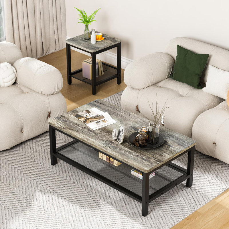 Ensemble de 3 tables basses de salon modernes, 3 tables basses de salon avec 2 tables de bout et 1 table à thé, table basse peu encombrante avec cadre large en métal pour appartement, gris