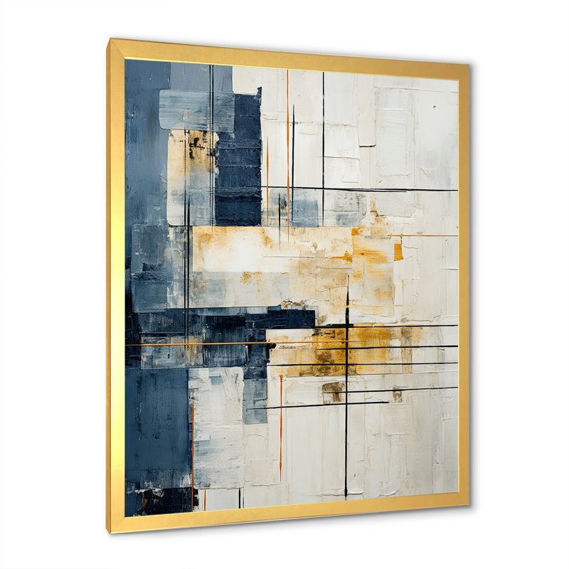«Blue and White Timeless Minimalisme I», art mural abstrait, H 20 po x l 12 po x P 1 po, Cadre doré simple