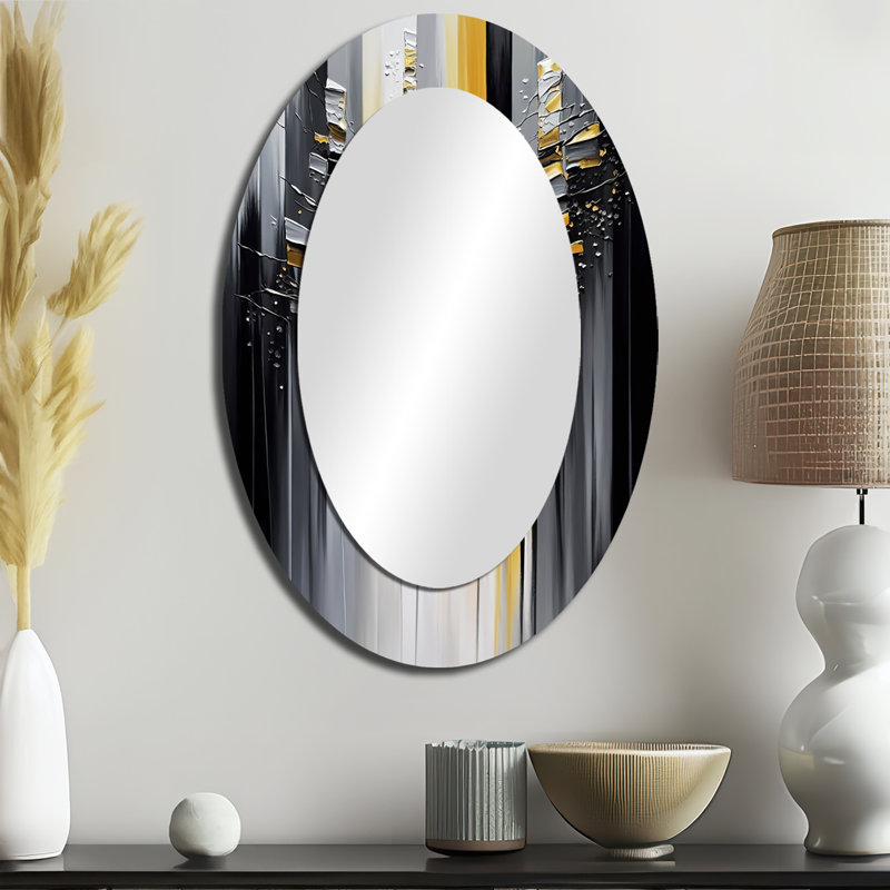 Abstract Geometric Black And Yellow I - Modern Oval Wall Mirror, 36" x 24"