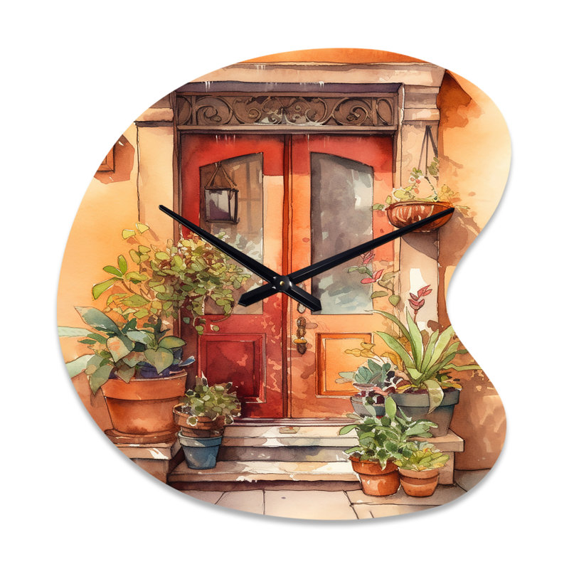 Porte d'entrée de jardin rouge et beige - horloge murale en forme de porte de ferme, horloge murale asymétrique, Grand