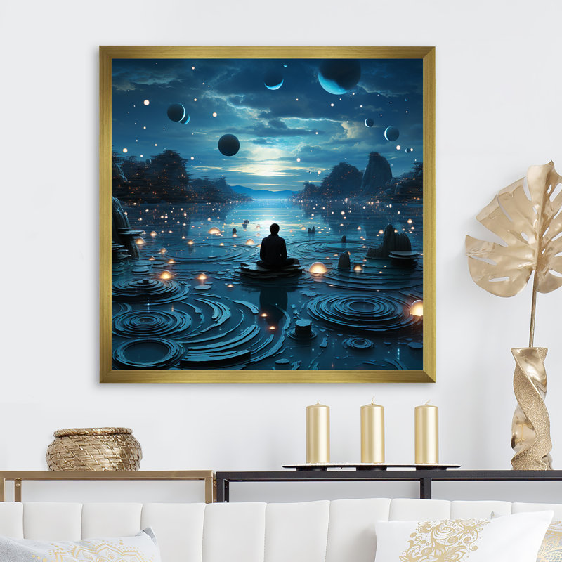Bleu intérieur méditation, Cadre doré simple, H 24 po x l 24 po x P 1 po