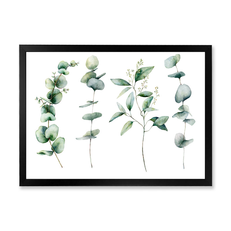 Green Eucalyptus Branches I - peinture sur toile, H 16 po x l 32 po x p 1 po, Cadre photo noir
