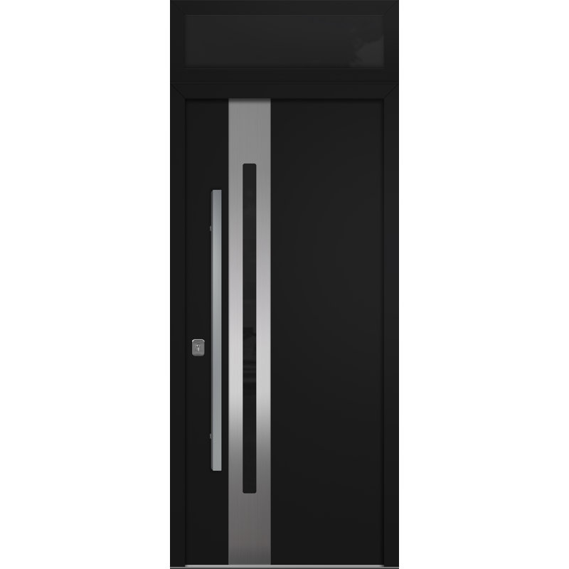 Porte d'entrée extérieure moderne en acier 36 po x 80 po - Inox s2 avec traverse, Noir, S'ouvre à droite vers l'intérieur