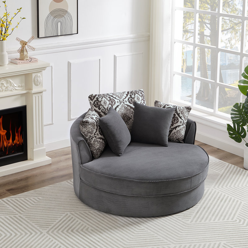 Fauteuil demi-tonneau pivotant avec 5 coussins amovibles, fauteuil de salon, fauteuil de lecture, Velours côtelé gris