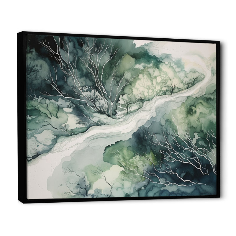 Vert et bleu marbré Dreamscape IV sur toile, H 24 po x l 32 po x P 1 po, Cadre flottant noir