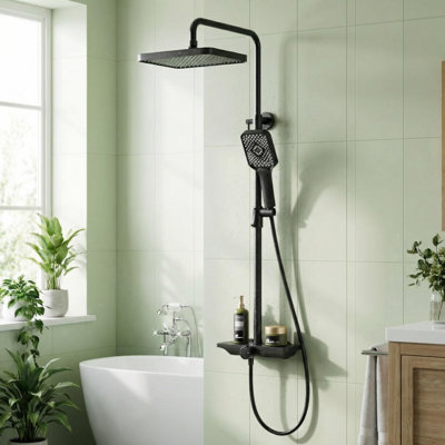 97 x 35 x 27 cm Shower System with Round Rainfall Overhead and Round Hand Shower, Stainless Steel Wall-Mounted Shower Set with Pull-Out Spray and Shelf Mixer for Bathroom, Matte Black
