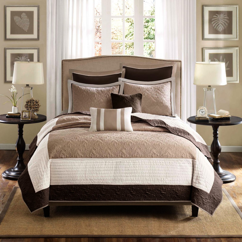 Courtepointe 7 pièces beige très grand / très grand, médaillon élégant, taies décoratives européennes et coussins inclus, très grand lavable à la machine en beige, caractère, coussins décoratifs,