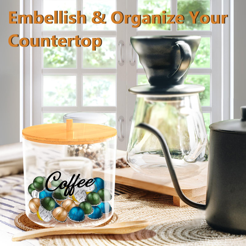 Coffee Pod Holder With Bamboo Lid, Large Capacity 80-Ounce Clear Countertop Storage For Coffee Capsules, K Cup Organizer For Keurig/Nespresso, Coffee Filter Holder, Coffee Bar Accessories