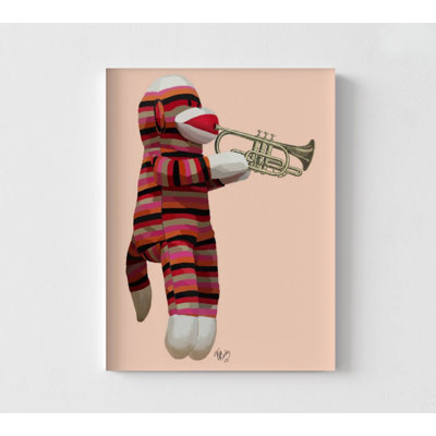Reproduction de singe musical rouge, art de classe de chaussettes de musique, impression d'affiche de trompette, impression d'affiche de singe mignon
