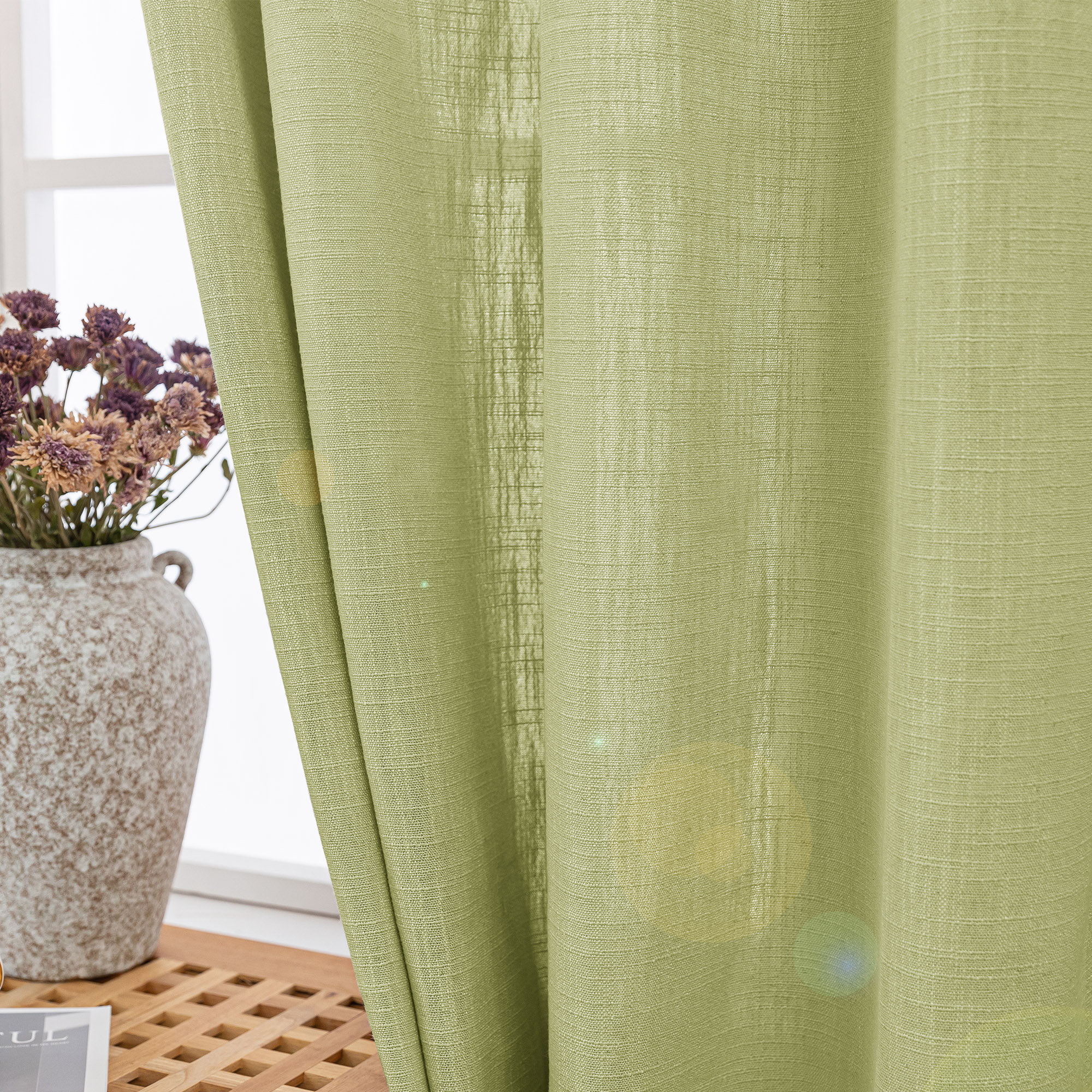 Kambi Slub Textured Linen Blended Semi-Sheer Grommet Curtain Pair, Sage, 52" W x 63" L