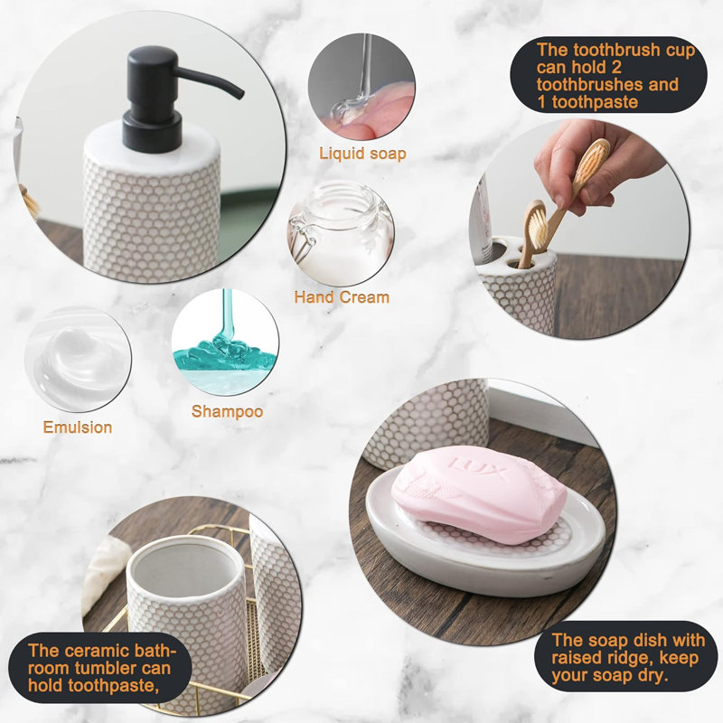 White Honeycomb Pattern Ceramic Bathroom Accessory Set, 4 Pieces