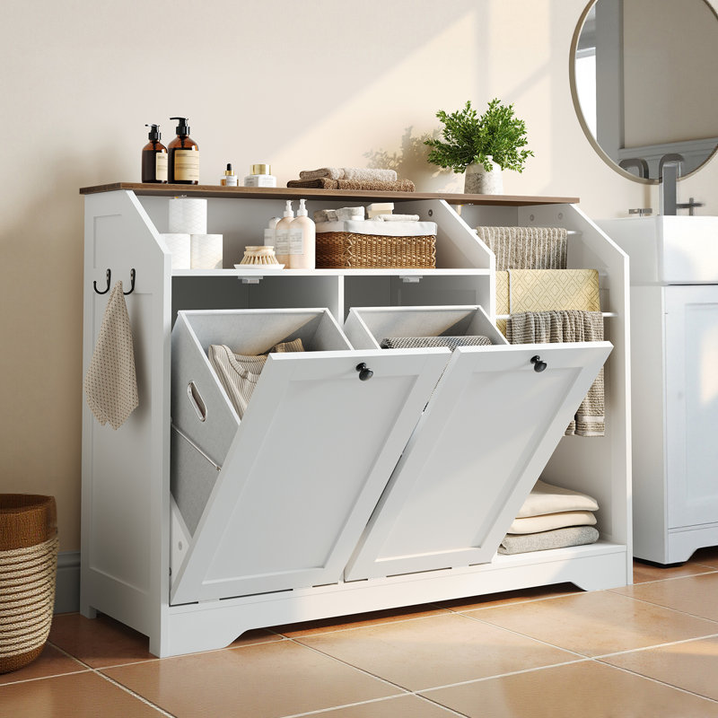 Double Tilt-Out Laundry Hamper Cabinet Hidden Laundry Hamper with 3 Towel Racks and 2x8.7 Gallon Baskets, Large capacity trash can