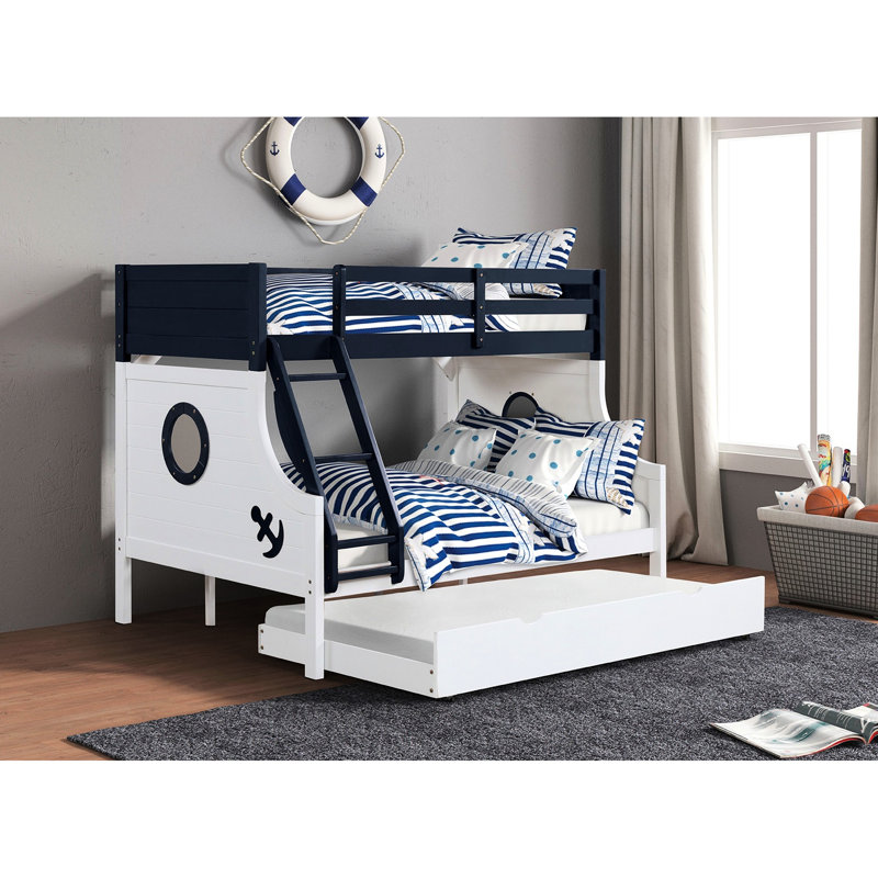 Lit superposé simple au-dessus de double moderne avec finition bleue / blanche, rails, attaché, lit gigogne, rails en bois massif pour, lit gigogne inclus, style