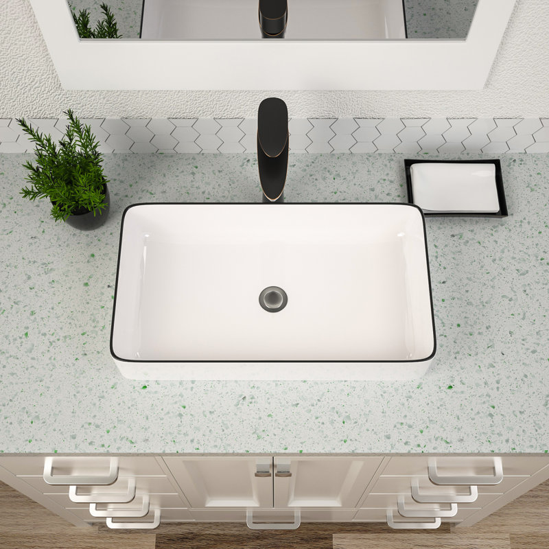24" White Ceramic Rectangular Vessel Sink with Black Rim