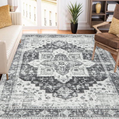 Vintage Washable Area Rug - Non-Slip, Low Pile, Soft Collapsible Carpet for Living Room, Bedroom, Dining Room, Office, Playroom