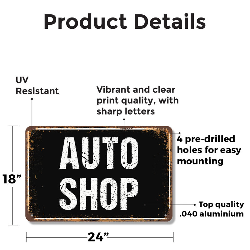 Enseigne en aluminium 18 po x 24 po Auto Shop, H 18 po x l 24 po x P 0,1 po