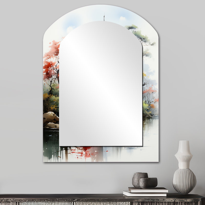 Asian Art Serene Pagoda IV - miroir mural décoratif arche, art asymétrique, 34 po x 25 po
