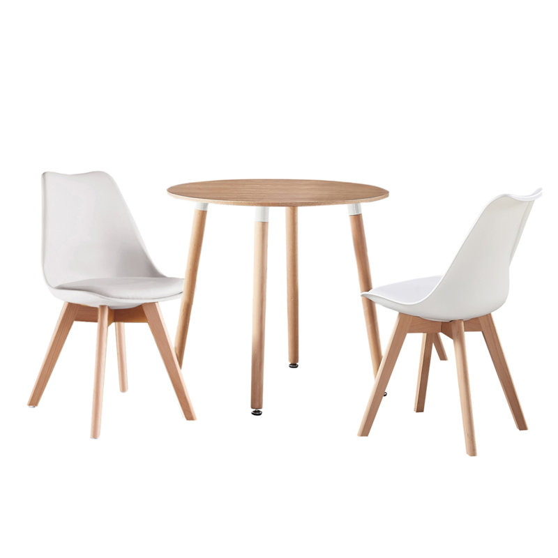 Todmorden 2 Person Dining set - a Round Plastic Dining Table with Wooden Legs and a Set of 2 Faux Leather Cushion Padded Dining Chairs for Dining Room - Modern Dining Table Set