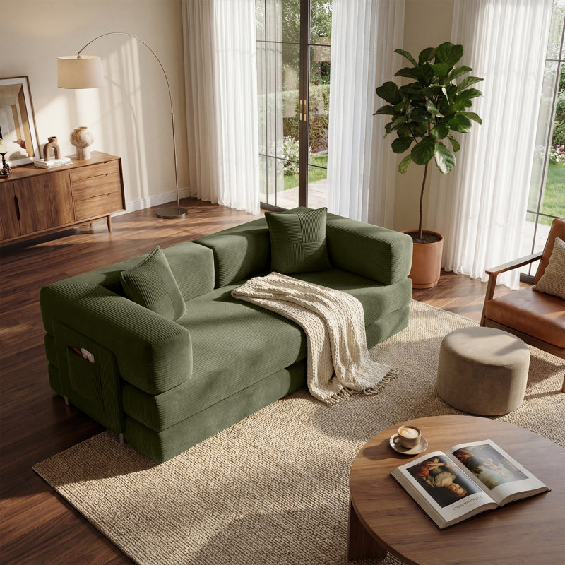78.8'' Corduroy Convertible Sofa Bed Upholstered Sleeper Sofa with Armrest and Pillow, Green