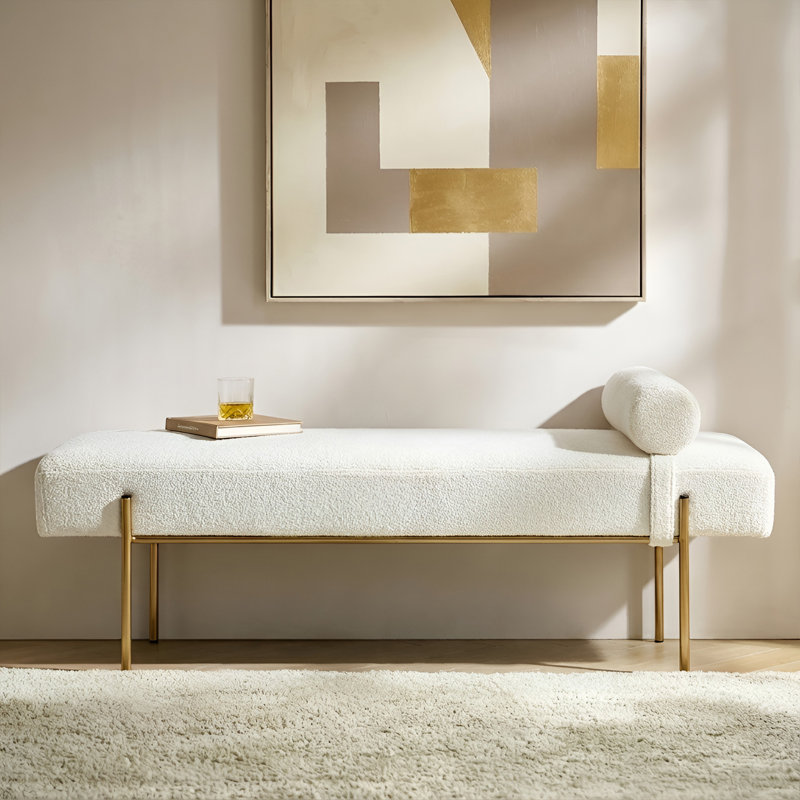 Donoven White 55" End of Bed Bench, Modern Faux Fur Upholstered Ottoman Bench Seat with Gold Legs