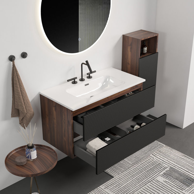 Meuble-lavabo moderne en noir et noyer doux avec lavabo en céramique, conception peu encombrante