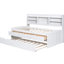 Lit simple en bois blanc délavé avec tête de lit bibliothèque intégrée, 3 grands tiroirs et bibliothèque à livres-2054355067
