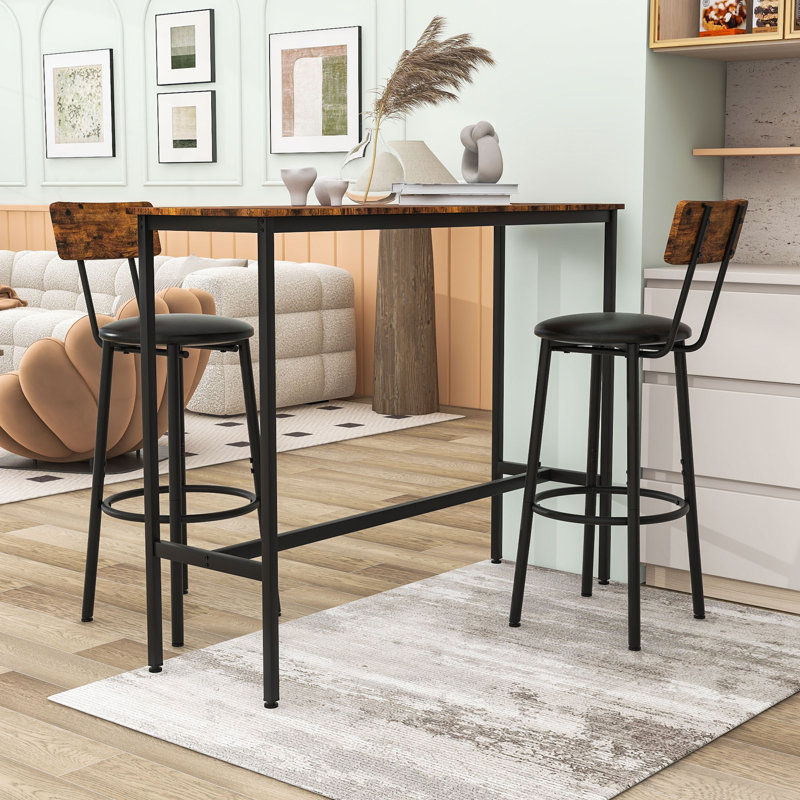 3-Piece Dining Table Set, Rustic Rectangular Table with Upholstered Chairs and Adjustable Foot Pads, Black/Brown