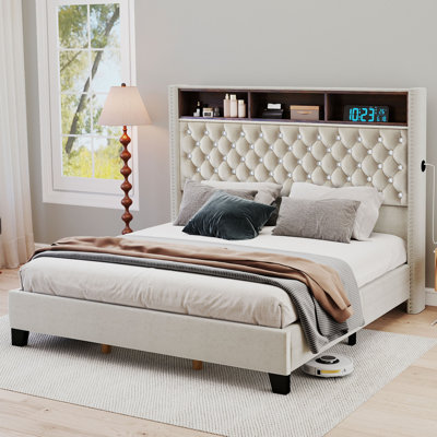 Structure de lit tapissier Velvet, tête de lit capitonnée en cristal de 58 po de hauteur avec prises de courant