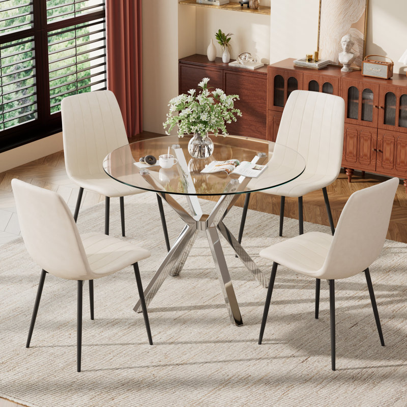 Ensemble de salle à manger 5 pièces Modern Modern, Transparent, Beige, Argent