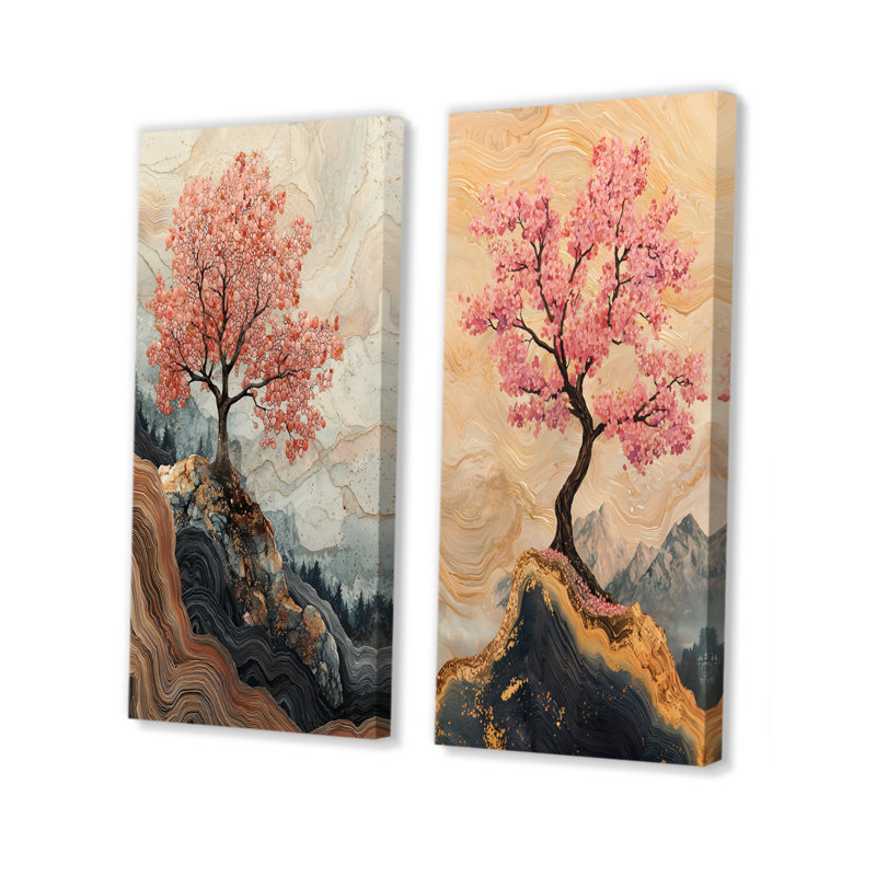 Fleurs de cerisier en écho de Sakura I - Art sur toile floral, 2 pièces, H 28 po x l 25 po, Toile tendue