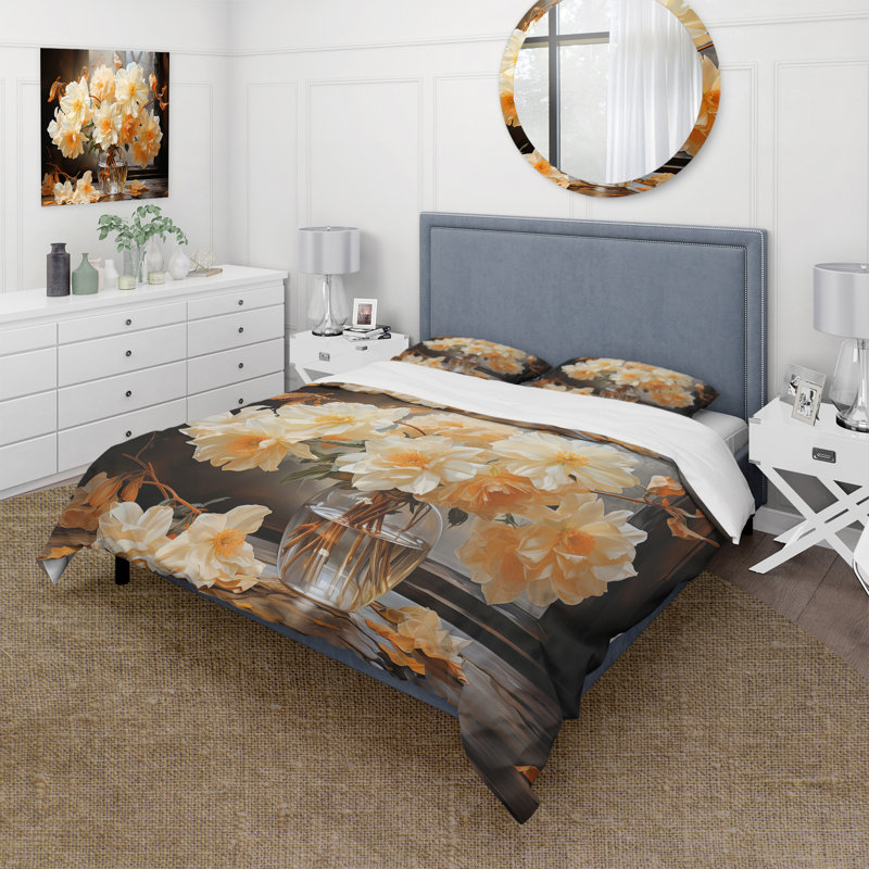 White Daffodils Romantic Impression II - Daffodils Duvet Cover Set - Microfiber Polyester