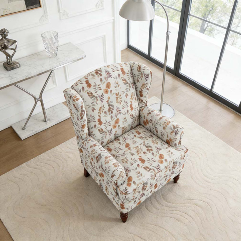 Modern Accent Chair with Retro Wood Legs, Comfy Upholstered Armchair, Brown+Yellow