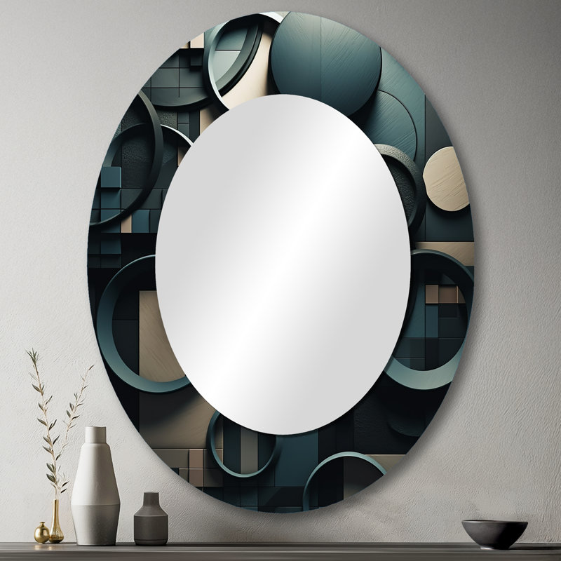 Teal Fragmented Forms - Abstract Oval Decorative Mirror On Metal, 43" x 33"