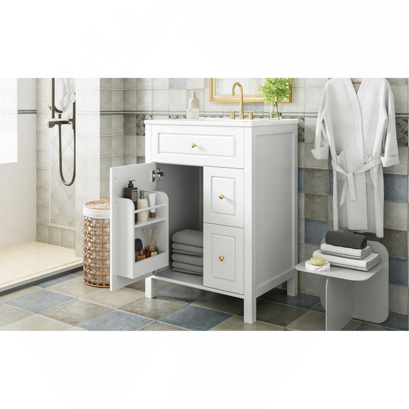 Meuble-lavabo 24 po avec lavabo en céramique, porte à fermeture douce et 2 tiroirs à fermeture douce, supports de rangement doubles pour porte