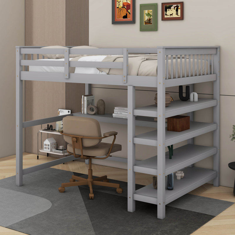 Lit mezzanine double avec tablettes et bureau, Gris