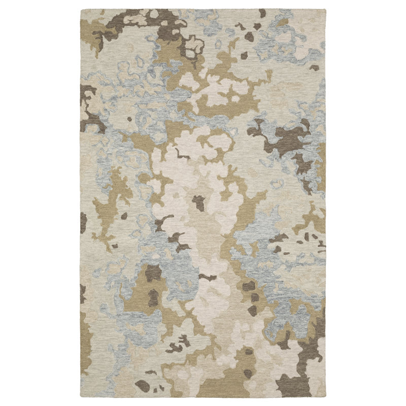 Renli Hand-made Wool Abstract Elements Beige/ Blue Area Rug, Rectangle 10' x 13'