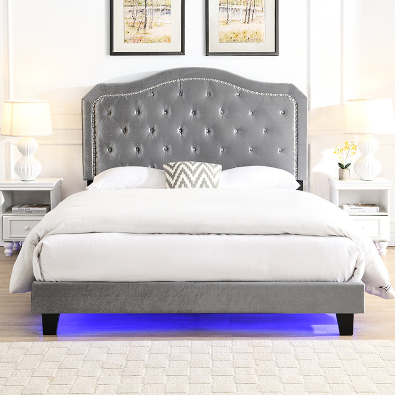 Button Grey Velvet Upholstered Bed For Queen - Curve Design Robust Wood Slat Foundation Led Lights Easy Assembly No Box Spring Necessary In Appearance Stable Stand Simple Requirement