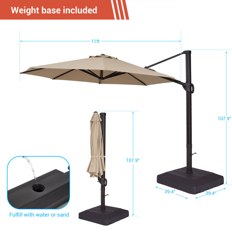 Abat-jour luxueux: parasol en porte-à-faux de 11 pi avec tissu teint dans la masse, cadre en aluminium et rotation à 360 °