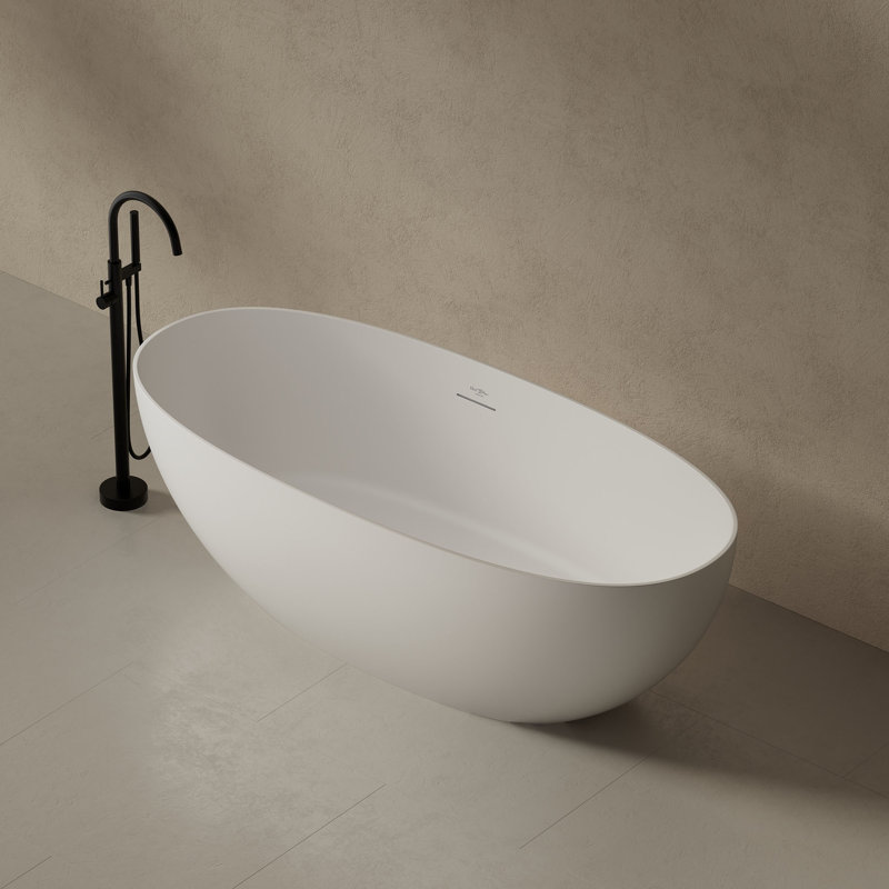 Monblari 63" X 30" Solid Surface Freestanding White Soaking Bathtub With Overflow And Pop-Up Drain For Bathroom, Matte White