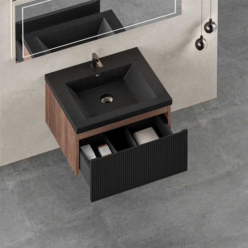 Meuble-lavabo flottant 24 po avec lavabo, armoire murale moderne rayée, tiroirs à fermeture en douceur, lavabo à quartz noir