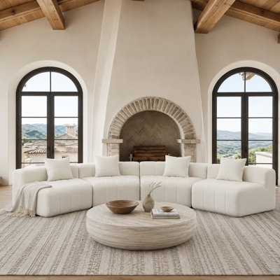 4-Seat Curved Modular Chenille Sectional Sofa with Piano-Key Seating, 4 Pillows and No-Assembly Design, Beige