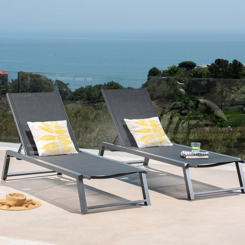 Méridiennes d'extérieur noires et grises - Structure et treillis en aluminium pour le patio, ensemble de 2 fauteuils inclinables, noir et gris