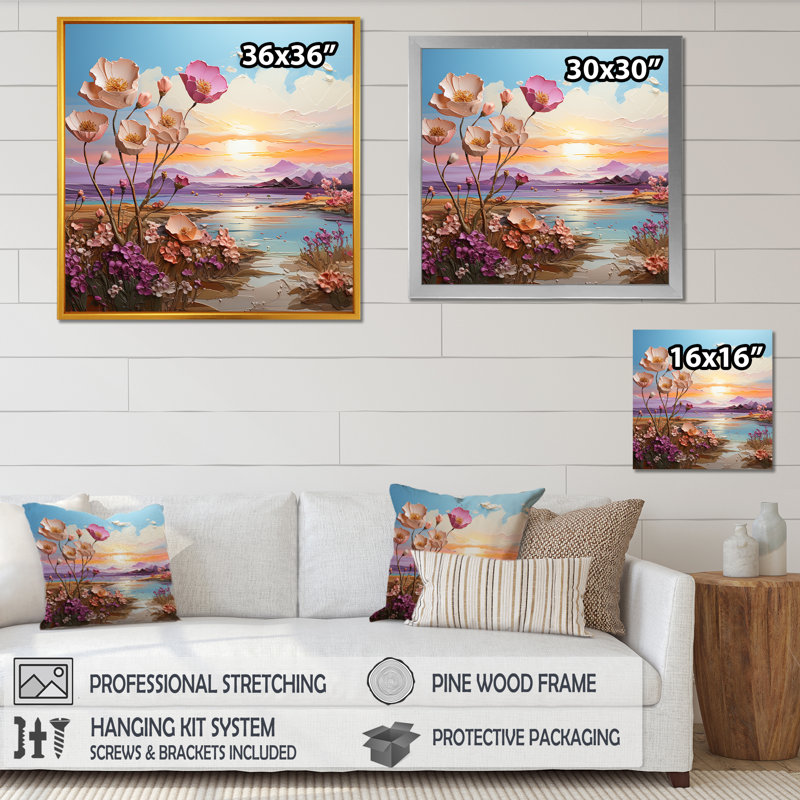 «Pink Poppies Mountain Field» sur toile, Cadre flottant doré, 36" H x 36" W