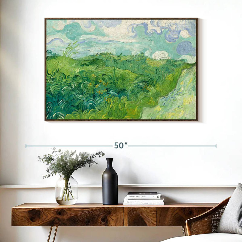 Champs de blé vert, 40 po x 27 po, Cadre flottant en noyer