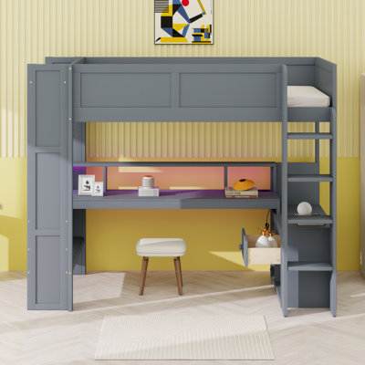 Lit mezzanine en bois avec bureau, tablettes multiples, DEL et station de charge