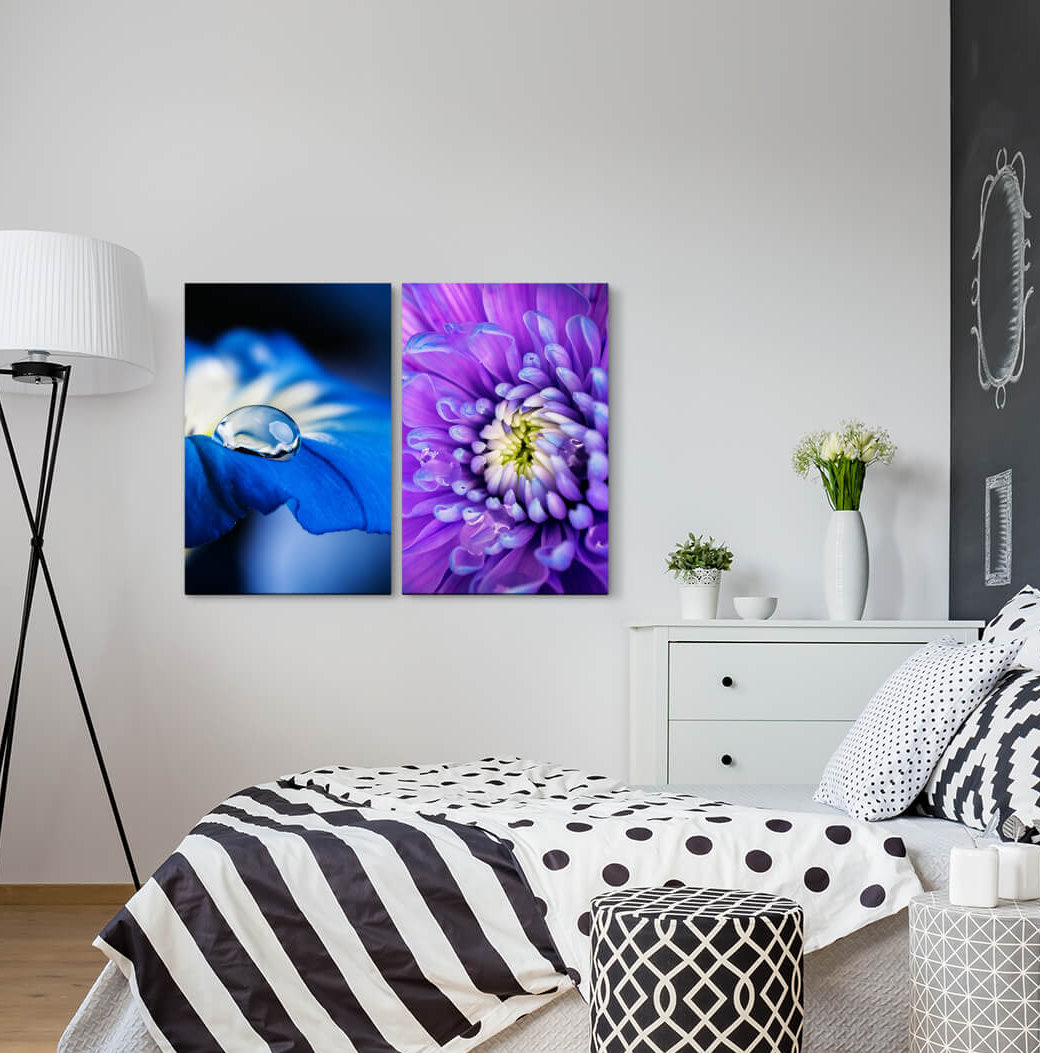 2-tlg. Leinwandbilder-Set - Fotografie „Drop Blue Flower Zinnias Flowers Summer Harmoniousshots”